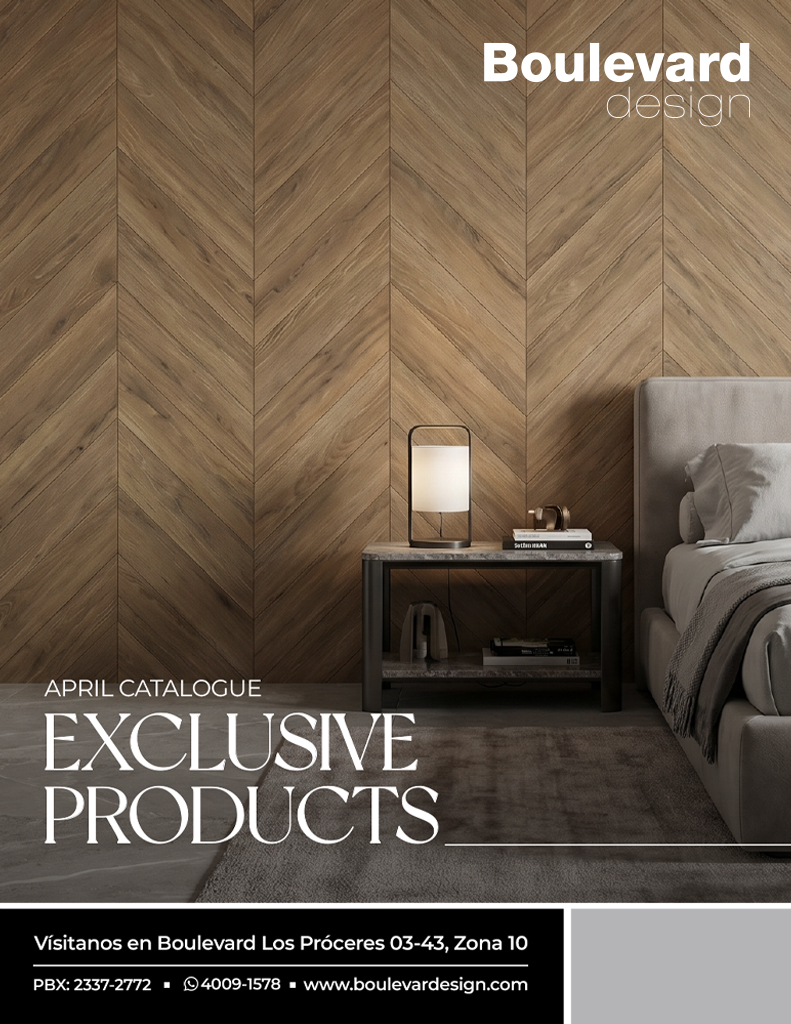 Magazine cover for Boulevard Design featuring a chevron wood wall, nightstand with lamp, and a bed; text reads ‘April Catalogue — Exclusive Products.’