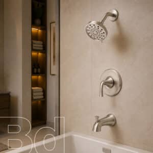Modern bathroom shower with wall-mounted showerhead, tub faucet, and beige tile walls; built-in shelf with towels in the background.