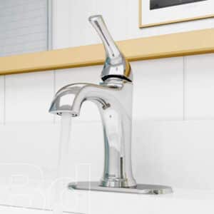 Chrome single-handle faucet pouring water into a white countertop sink in a bright kitchen.