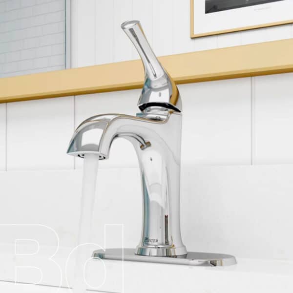Chrome single-handle faucet pouring water into a white countertop sink in a bright kitchen.