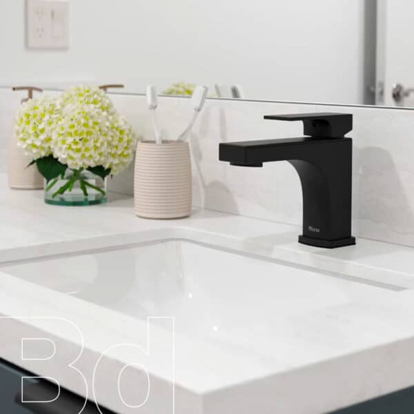 Modern matte-black bathroom faucet on a white countertop beside a vase of white flowers and a toothbrush holder; 'B30' watermark visible in the lower left.