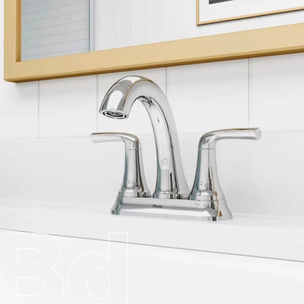 Chrome two-handle bathroom faucet with curved spout on a white vanity