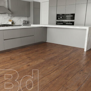 Modern gray kitchen with marble countertops and warm wooden floor; 'B36' outline text in bottom-left corner.