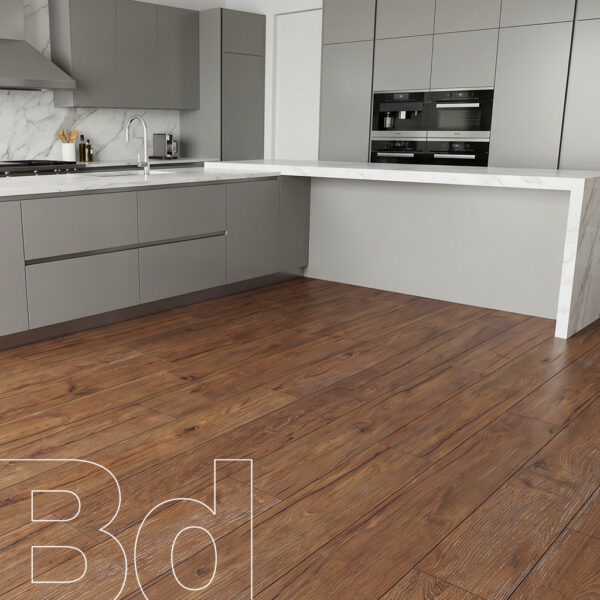 Modern gray kitchen with marble countertops and warm wooden floor; 'B36' outline text in bottom-left corner.