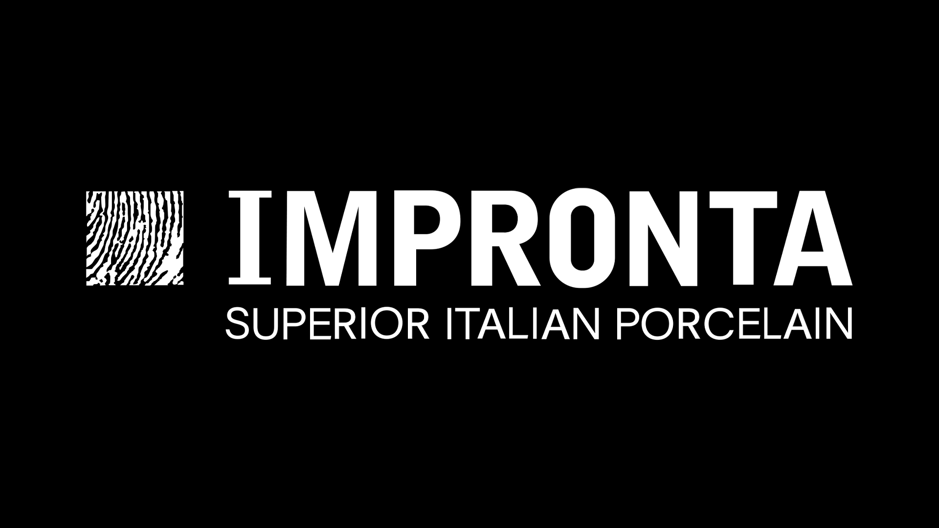 Logo for Impronta—Superior Italian Porcelain, with a zebra-pattern square on the left on a black background.