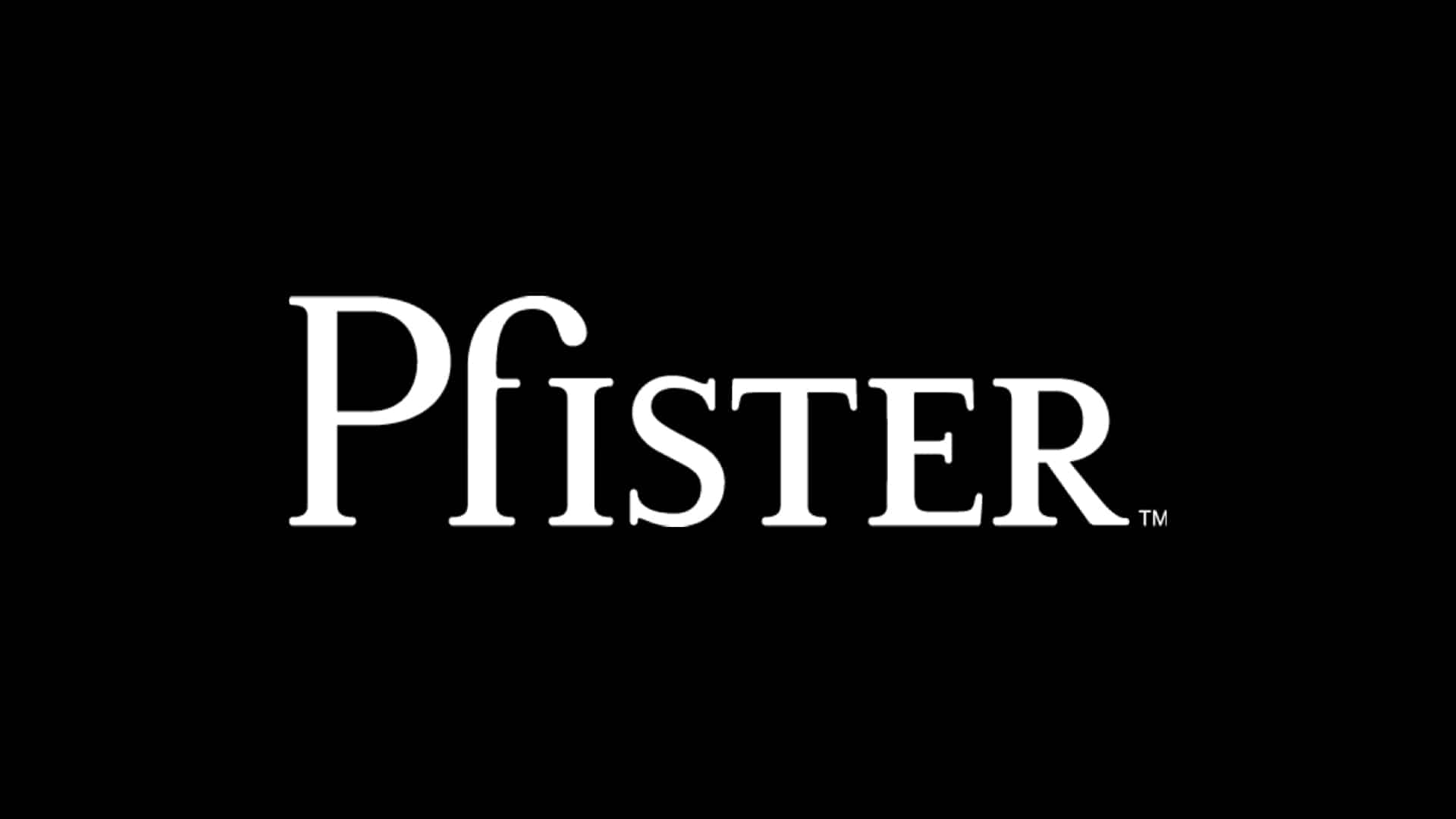 Pfister wordmark in white serif type on a black background (logo)