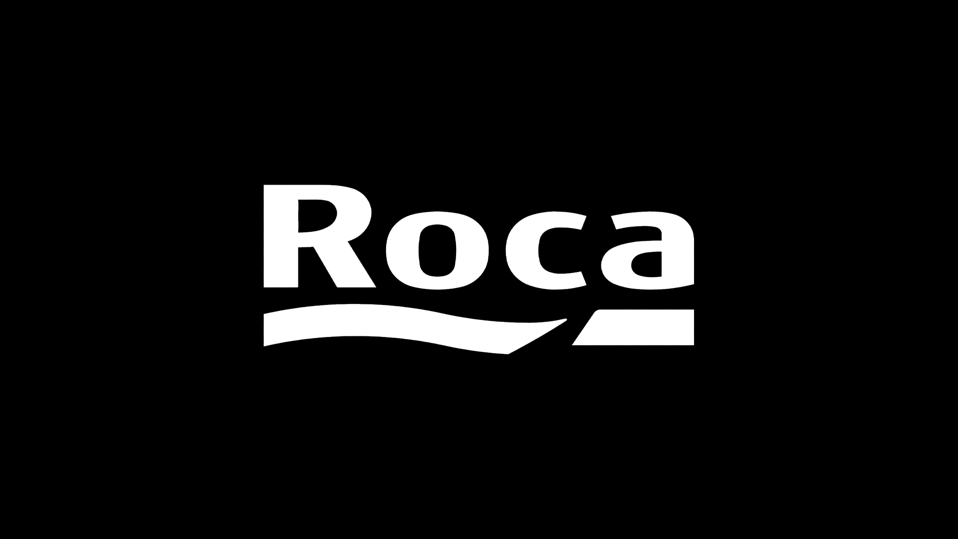 White ROCA wordmark on a black background with a curved wave underneath the text, forming the brand logo.”,