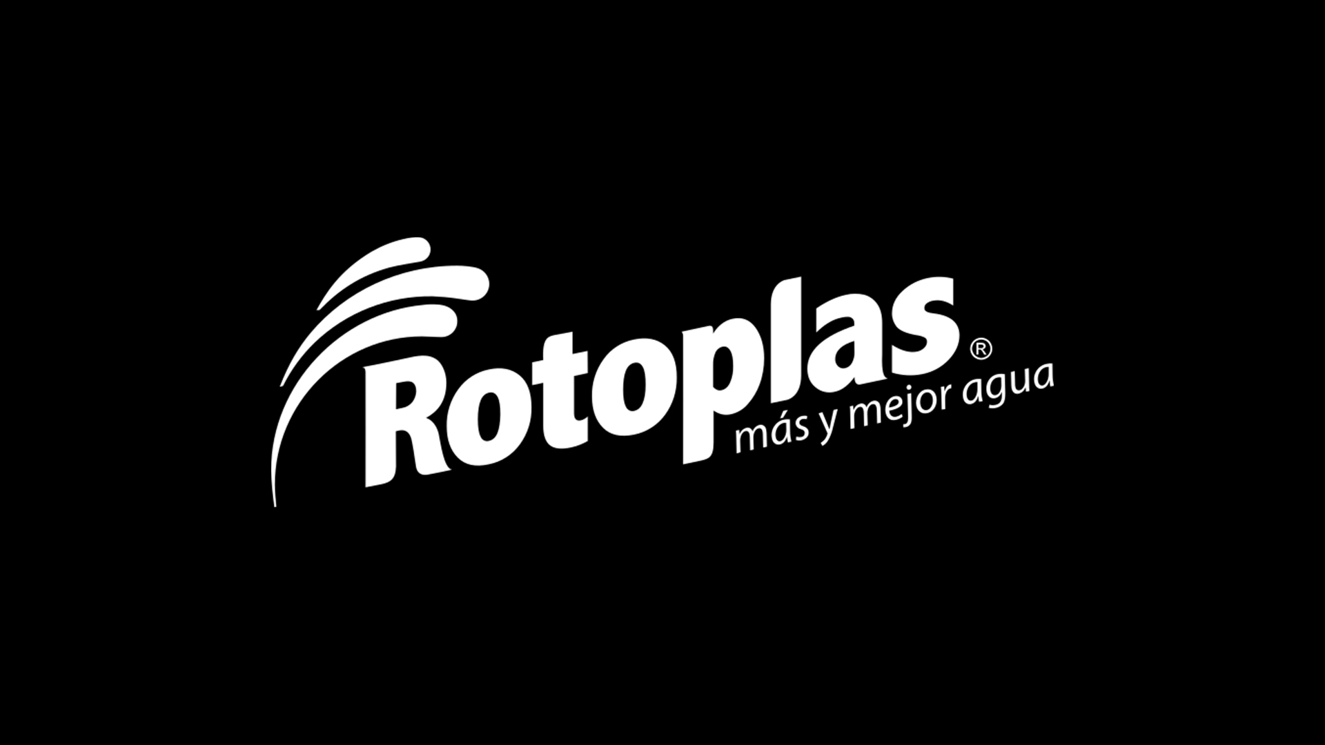 Rotoplas logo in white on a black background, featuring a curved swoosh design and the word 'Rotoplas' with the tagline 'más y mejor agua'