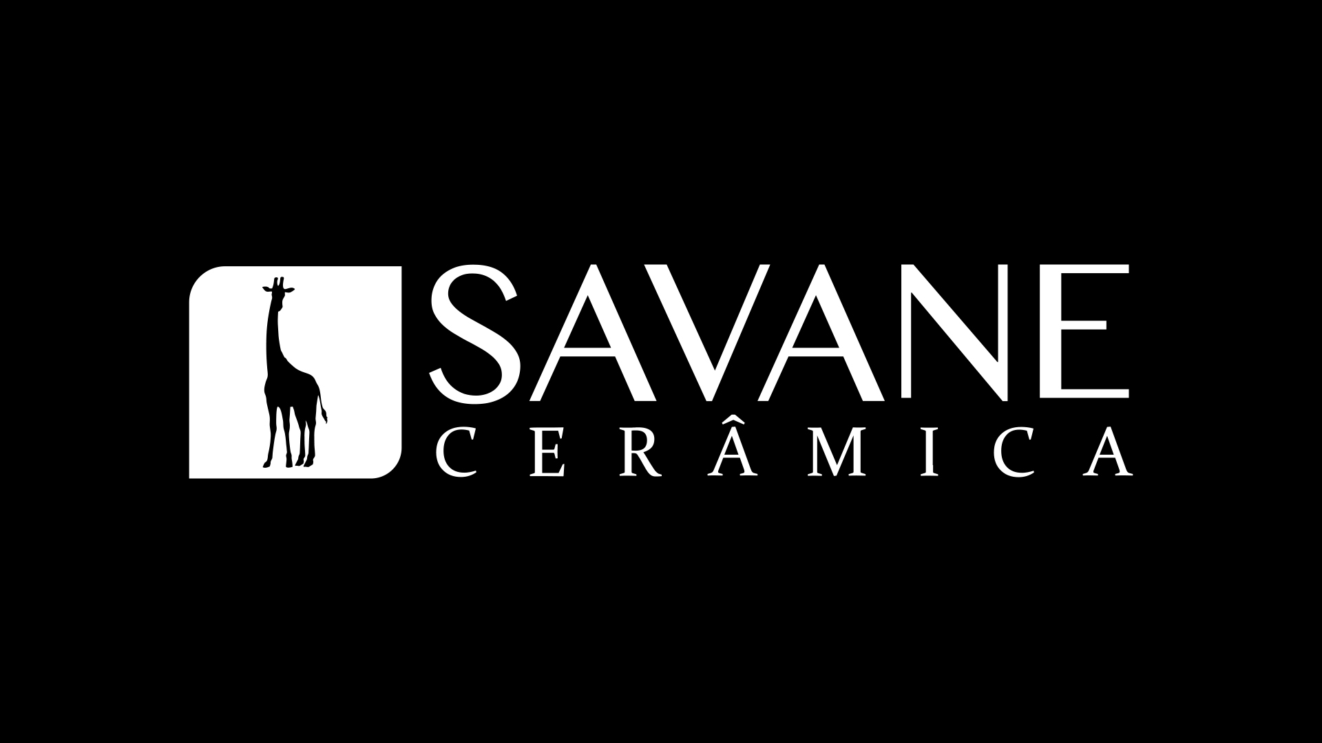 Savane Cerâmica logo: white rounded square with giraffe silhouette beside bold white wordmark on black background