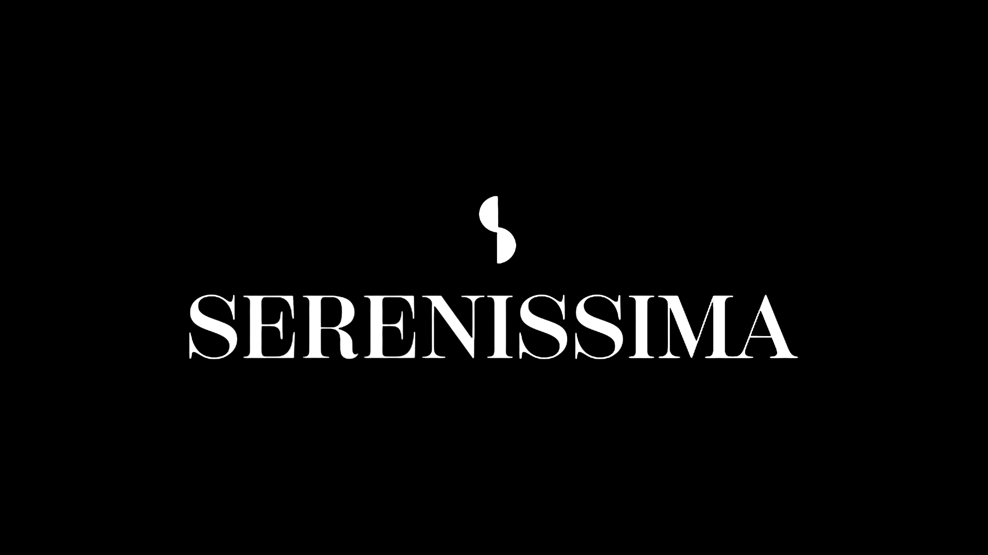 Logo: white serif word SERENISSIMA on black background with a small abstract white 'S' glyph above
