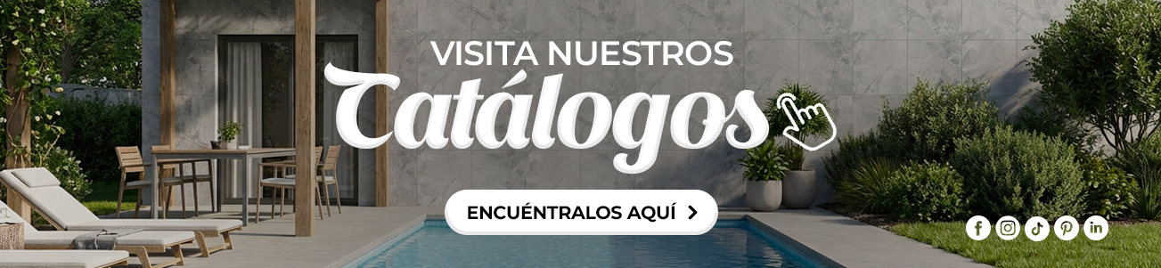 Banner inviting users to view catalogs; outdoor poolside patio with lounge chairs and greenery, CTA 'Encuéntralos aquí'.