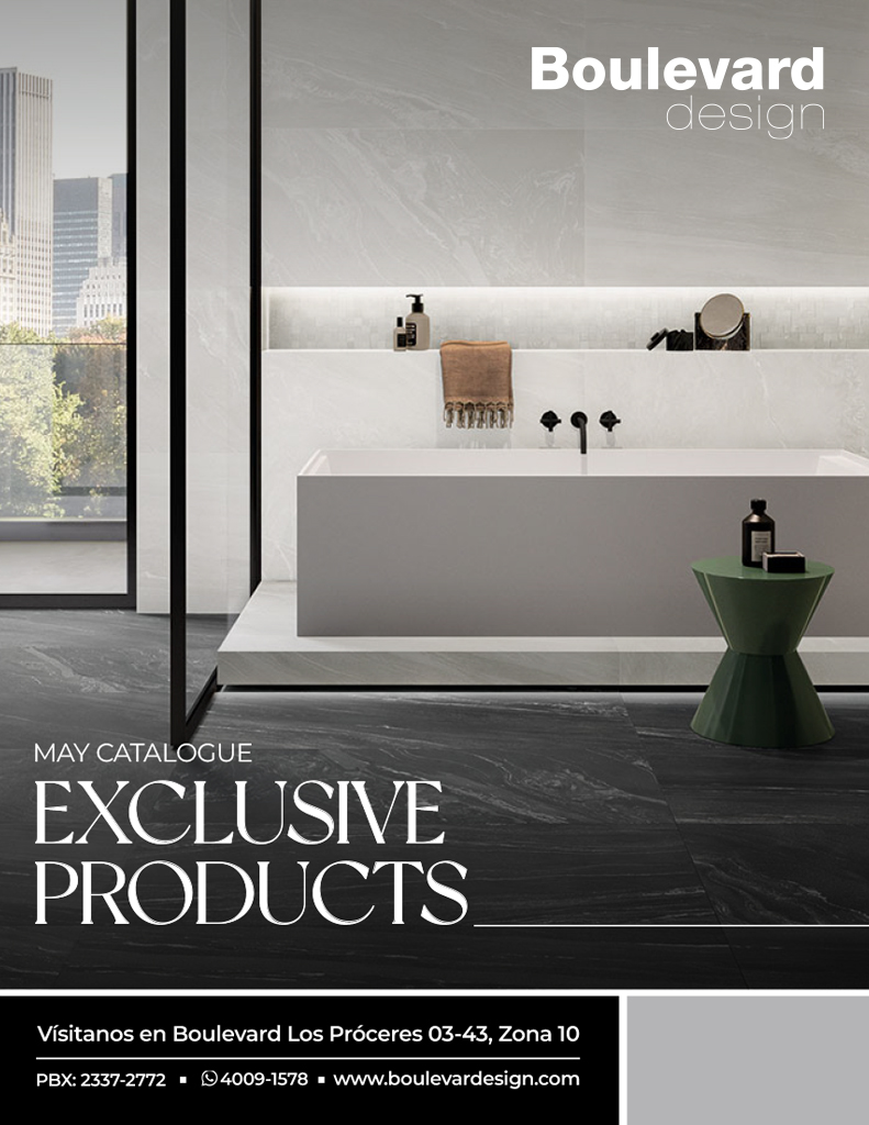 Modern bathroom showroom with a white tub, marble walls, and a floor-to-ceiling window showing a city skyline; Boulevard design logo top right and 'Exclusive Products' headline at the bottom.