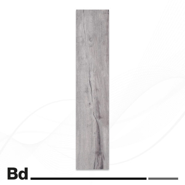 Vertical grey wood-flooring plank sample with pronounced grain, centered on white background; 'Bd' branding bottom left.