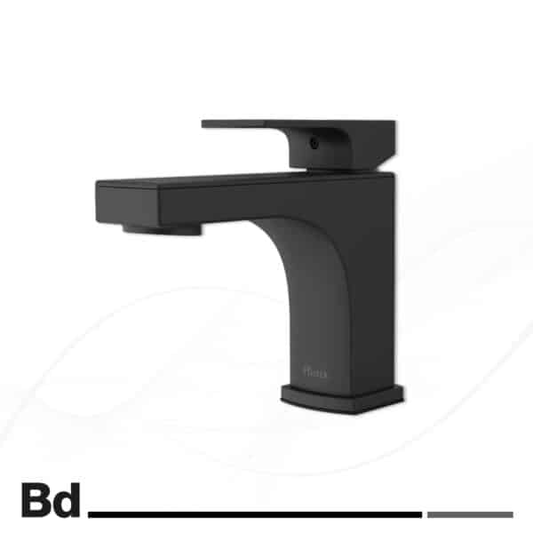 Dark, modern single-handle bathroom faucet with a flat rectangular spout and top lever, Pfister brand visible on the base.