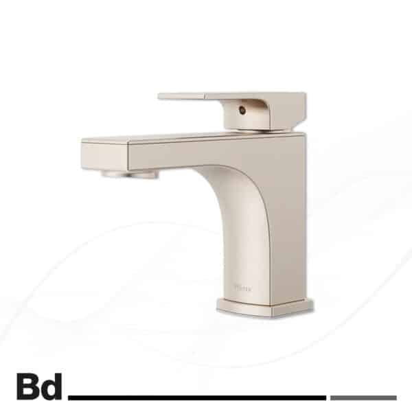 Beige modern single-handle bathroom faucet viewed from the side, with Pfister logo on the base.