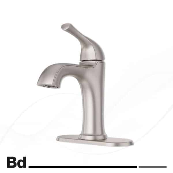 Modern silver bathroom faucet with a curved spout and single lever handle, brushed nickel finish.