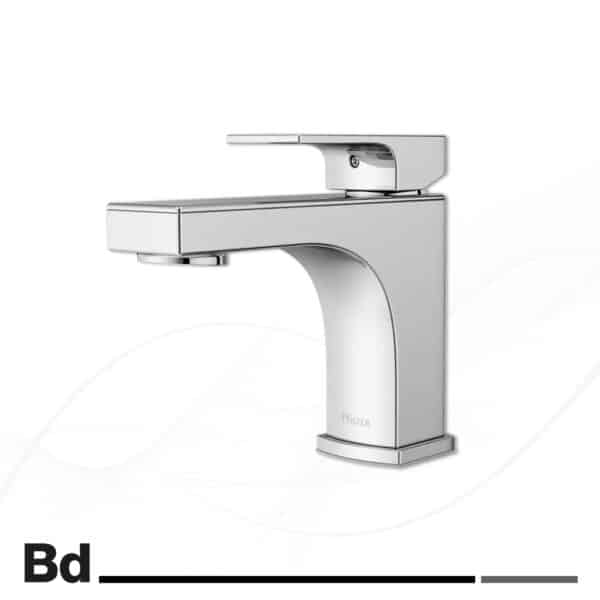 Chrome bathroom faucet with a single lever handle and curved spout, shown in side view on a white background, brand name Pfister subtly visible on the base.