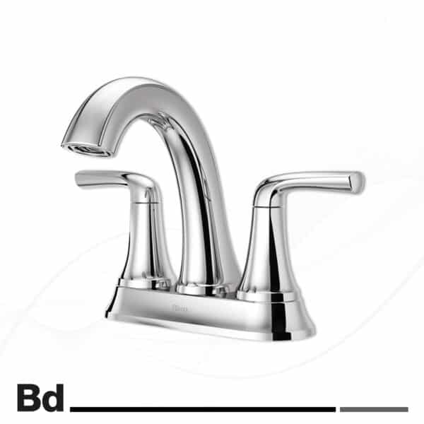 Chrome kitchen faucet with high-arc spout and two handles on a polished base