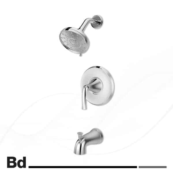 Set of chrome bathroom fixtures: showerhead at top, round control valve in the middle, and tub spout at bottom.