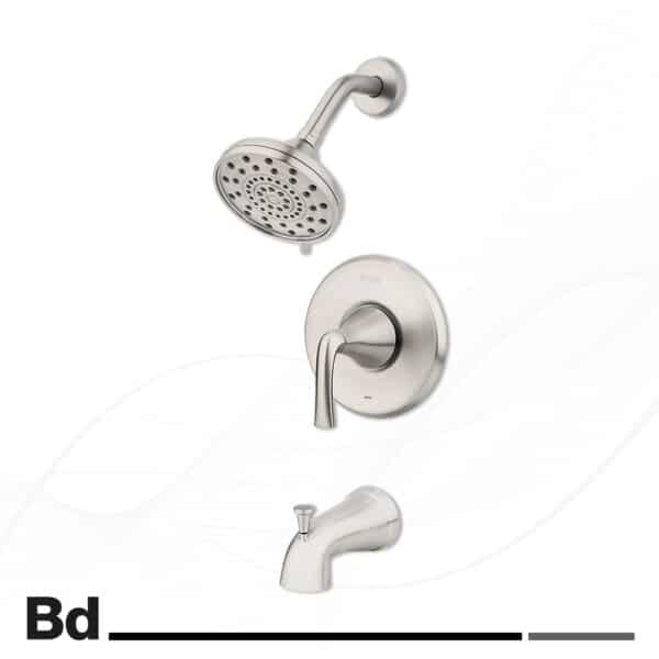 Three-piece brushed-nickel bathroom faucet set: overhead showerhead, tub spout, and diverter handle on white background.