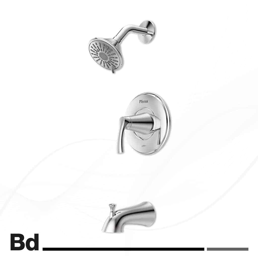 Chrome bathroom fixtures: shower head, single-handle valve, and tub spout against a white background