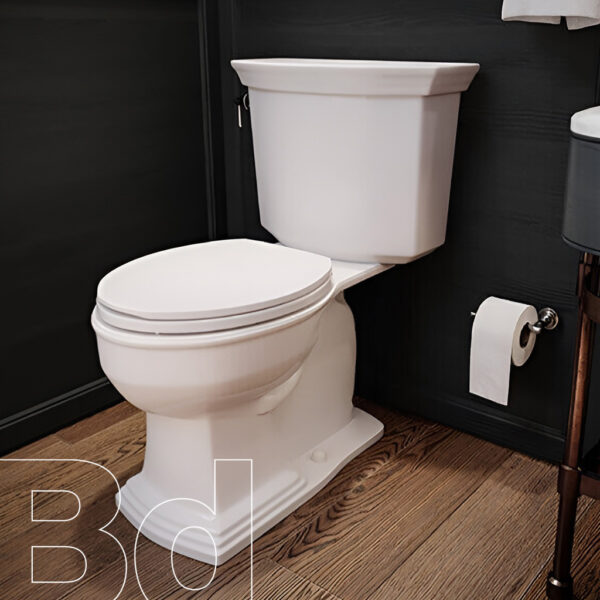White porcelain toilet in a dark bathroom with wood floor and toilet paper on a wall holder; 30 watermark in the corner.