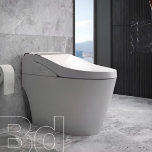 Contemporary gray toilet with a sleek lid in a minimalist concrete bathroom, featuring a toilet paper holder and dark marble wall.