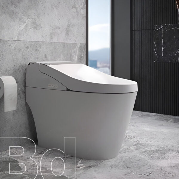 Contemporary gray toilet with a sleek lid in a minimalist concrete bathroom, featuring a toilet paper holder and dark marble wall.