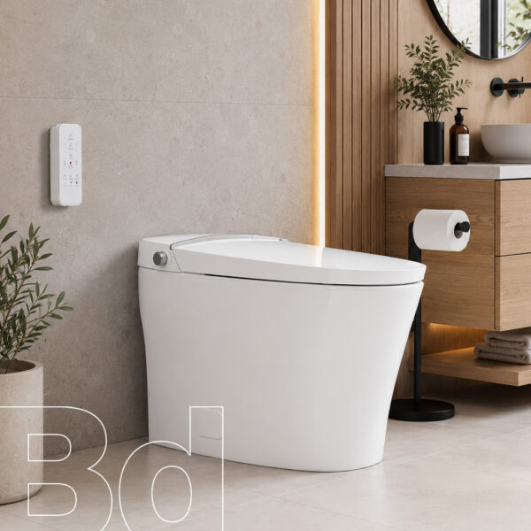 White modern smart toilet in a minimalist bathroom with a wall-mounted control panel, wooden vanity, and potted plant.