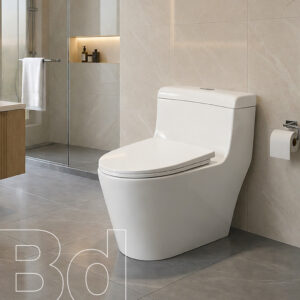 Modern bathroom featuring a white one-piece toilet beside a glass shower enclosure and towel bar, with subtle beige tiling and a wall niche shelf above.