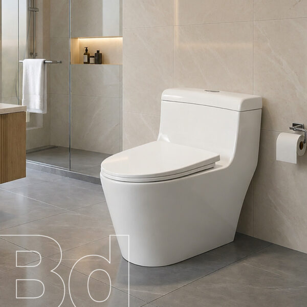 Modern bathroom featuring a white one-piece toilet beside a glass shower enclosure and towel bar, with subtle beige tiling and a wall niche shelf above.