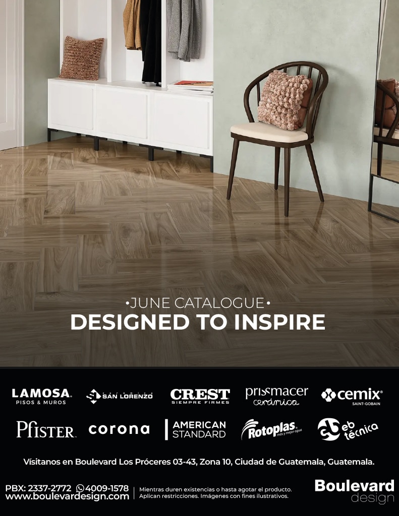 Advertisement image: showroom with white storage bench, clothing rack, and an armless chair on a herringbone wood floor; text reads 'June Catalogue Designed to Inspire'.