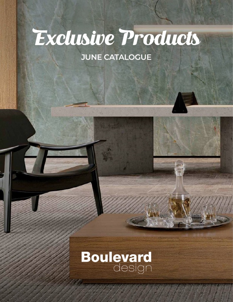 Cover of Exclusive Products June Catalogue featuring a modern lounge with a bottle and glasses on a tray and the Boulevard design logo.