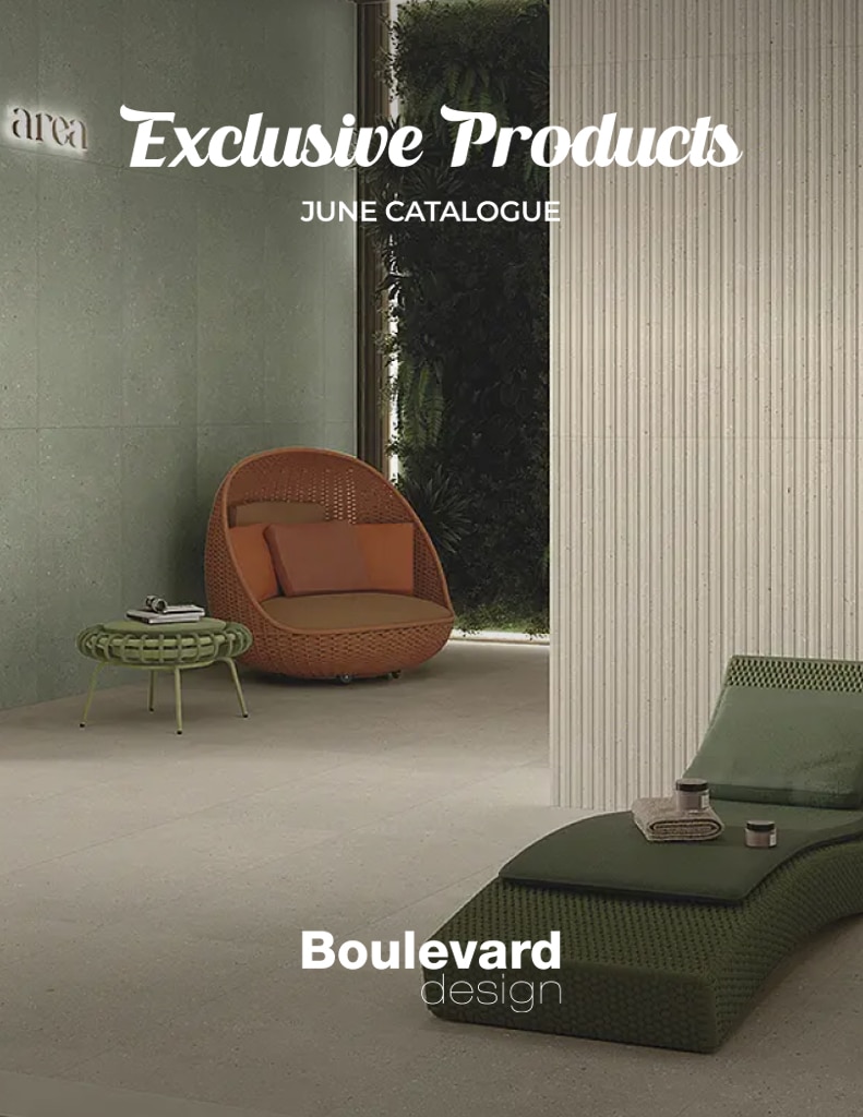 Cover of Boulevard Design June catalogue showing modern outdoor seating on a minimalist patio.