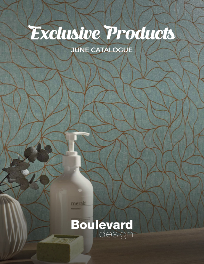 Cover of Exclusive Products June Catalogue showing a white soap pump, a bar of soap, eucalyptus stems, and teal leaf-pattern wallpaper behind them.
