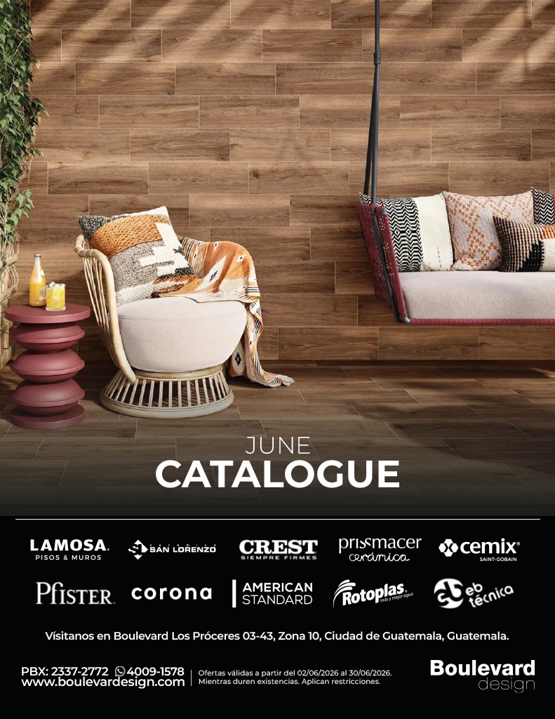 Interior living-room setup for a June catalogue cover: wood-paneled wall, beige cushioned chair with an orange blanket, a pink stacked-side table with drinks, and a hanging string chair with patterned cushions; bottom features brand logos and 'June Catalogue' text.