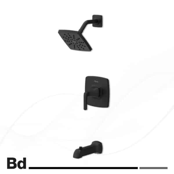 Black matte shower faucet set: square overhead showerhead with arm, wall-mounted single-handle control, and tub spout (product collage).