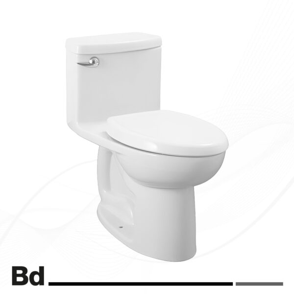 White ceramic toilet with a closed lid and tank against a white background.
