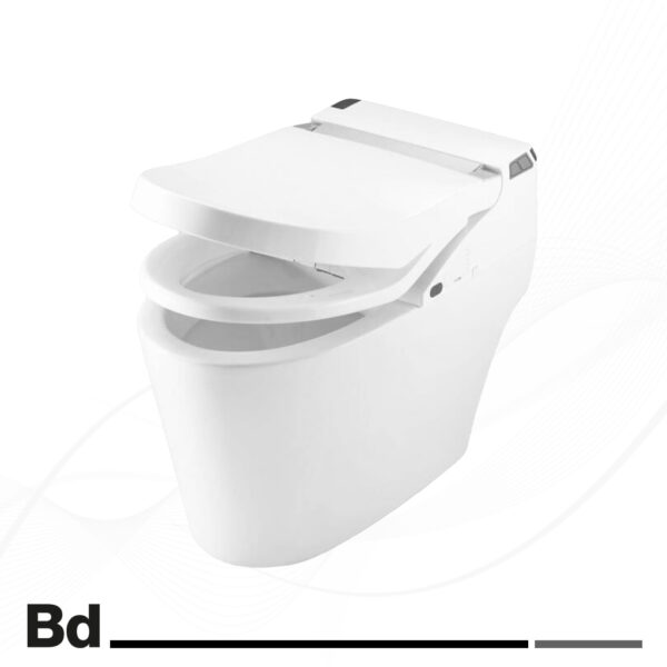 White modern toilet with an open bidet seat, showcasing a sleek, compact design.