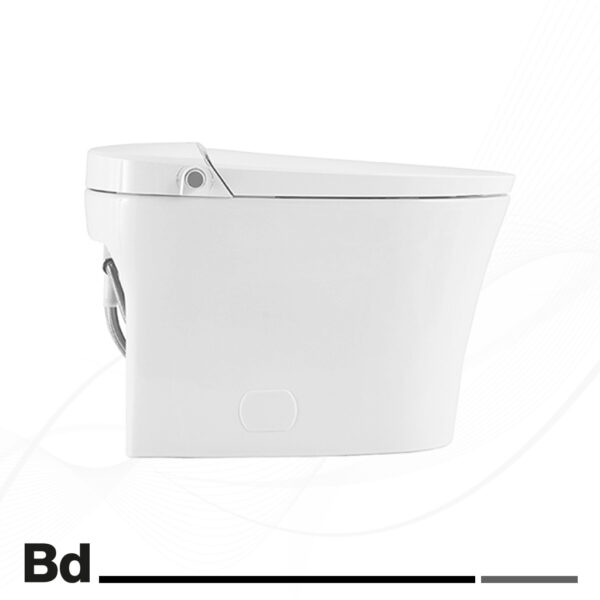 White modern toilet with a closed lid, shown from a side view.