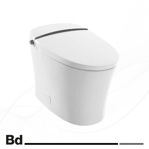 White modern toilet with an integrated bidet seat on a light patterned background.