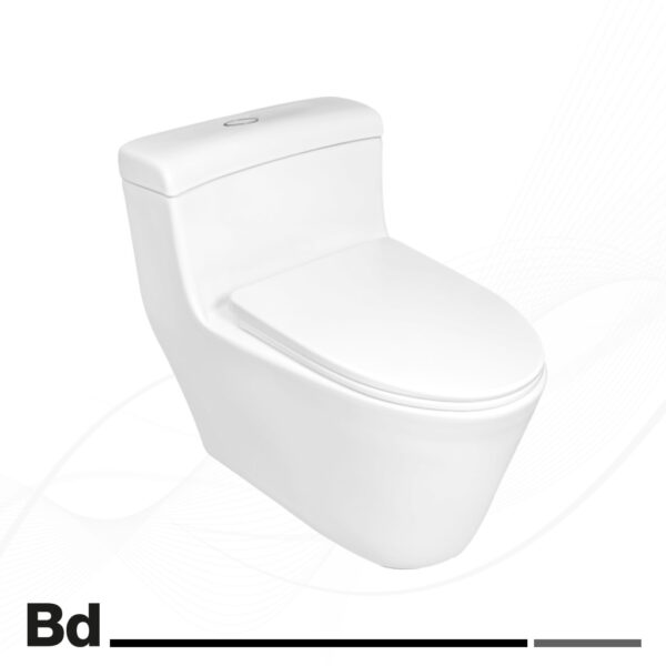 White one-piece toilet with a closed lid for a modern bathroom fixture example.