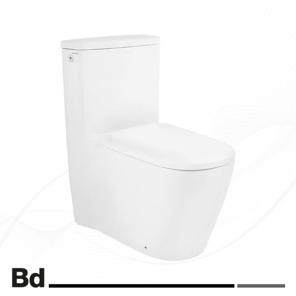 One-piece white toilet with a closed lid, minimalist design against a white background.