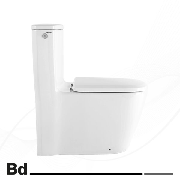White modern one-piece toilet with a top-mounted flush button and integrated bidet look-alike design
